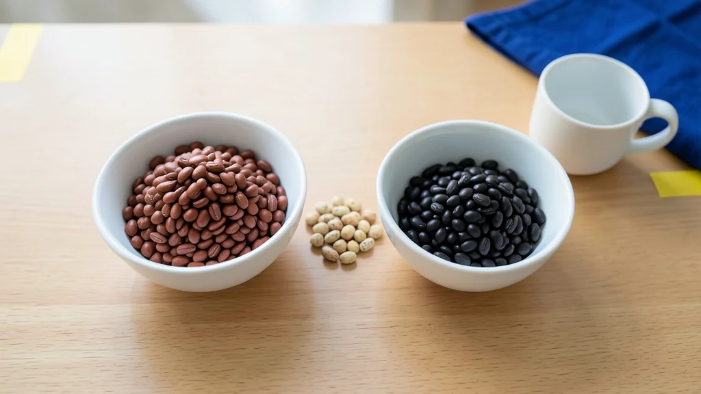 朝の机で二つの器に豆を分け、差し引く分を間に小さく取り分けた源泉徴収の計算の演出イメージ